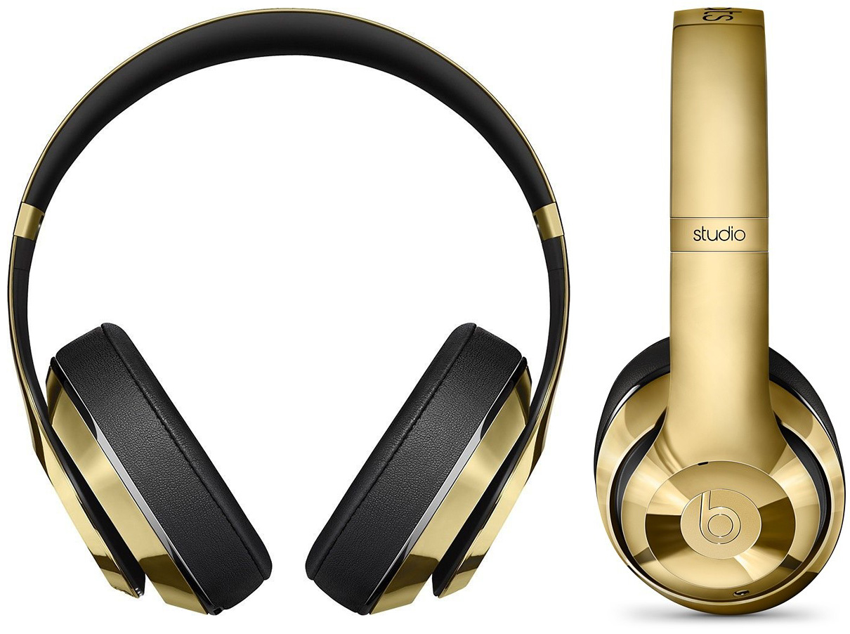 Beats by Dre Limited Edition Gloss Gold Headphones and Pill 2.0 front side