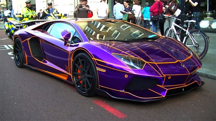 lamborghini aventador purple chrome orange lines